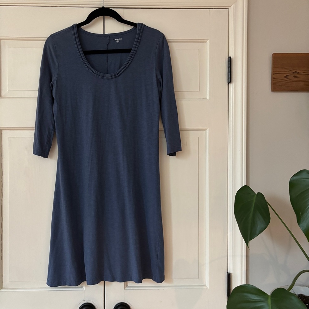 Garnet Hill‎ Blue Cotton Modal Trapeze Shift Dress Midi 3/4 Sleeve Size Small